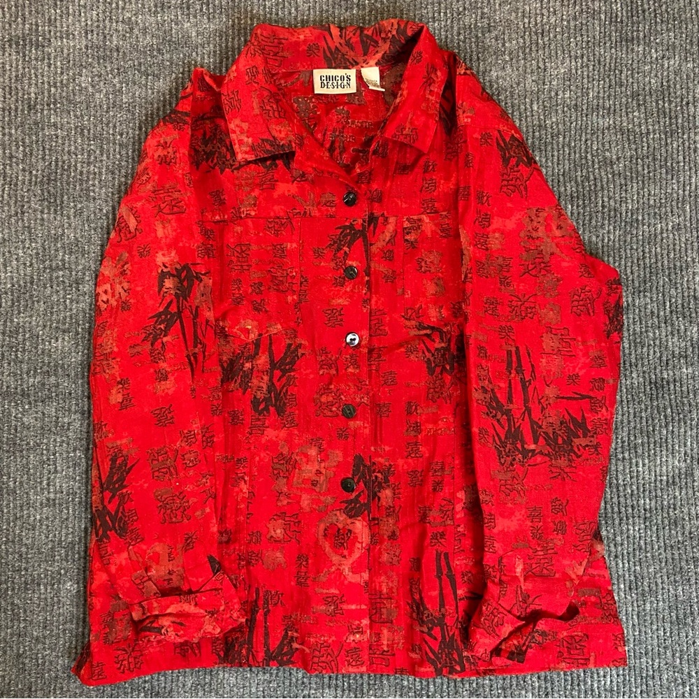 Vintage Chico’s Design Sheer Red Bamboo Script Blouse Artsy 90s Top Sz 2